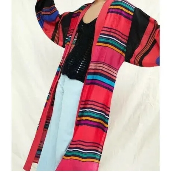 Anthropologie Conditions Apply Kimono Cover-Up Pink Bright Striped One Size - Picture 3 of 11